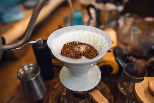 stock image Closeup of hands barista make coffee,Drip coffee