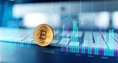 Altın bitcoinler. Bilgisayar masasında kripto para birimi, Çift Pozlama şeması