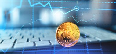 Altın bitcoinler. Bilgisayar masasında kripto para birimi, Çift Pozlama şeması