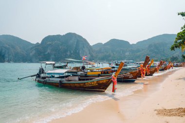 Adadaki sahilde uzun kuyruklu tekne