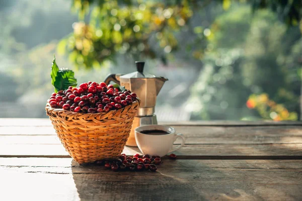 Coffee cherry beans in a basket and coffee placed on a wooden table