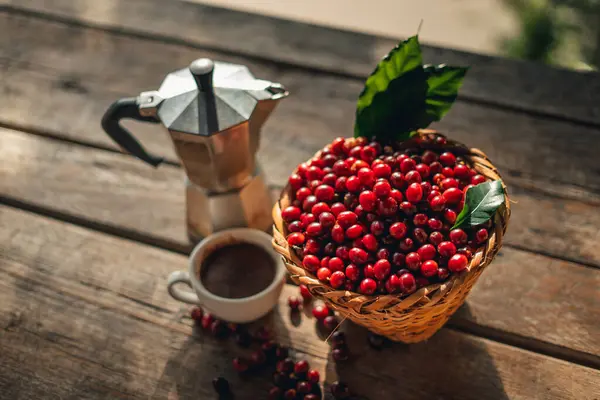 Coffee cherry beans in a basket and coffee placed on a wooden table