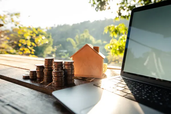 Laptop and money placed on a wooden table, cool light natural background.