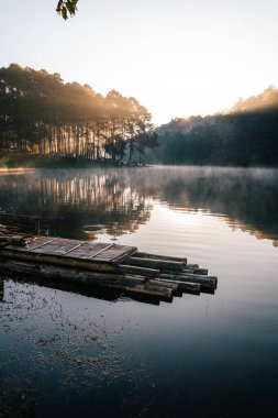 Rezervuarın atmosferi ve sabahın erken saatlerinde çam ağaçları ve sudaki ahşap sallar..