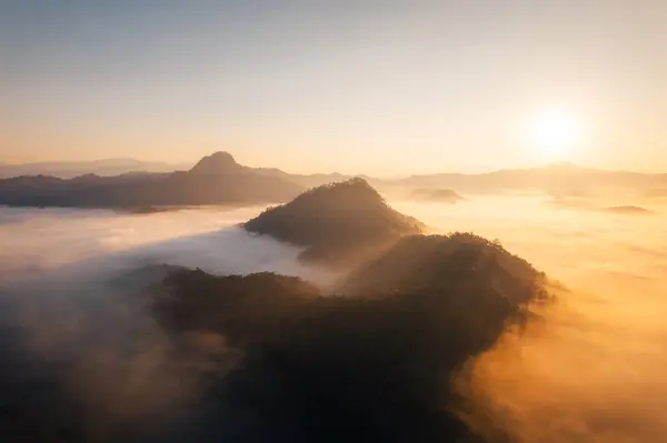 Aerial view of forest and mountain in fog ,View of fog and morning light with mountains in summer