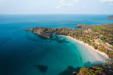 Sabahları sakin bir adada kumsal ve hindistan cevizi ağaçları, hava manzarası...