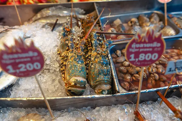 Fresh lobster for sale at a seafood restaurant in Thailand