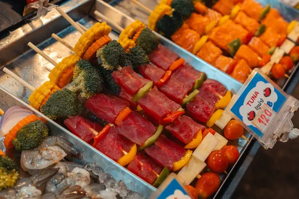 Seafood barbecue skewers for sale at street food,Night market krabi