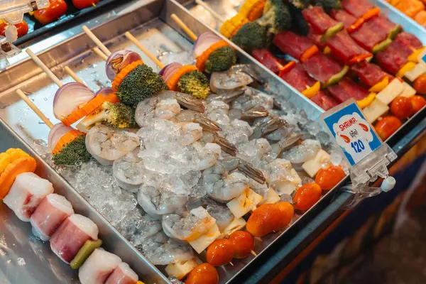 Seafood barbecue skewers for sale at street food,Night market krabi