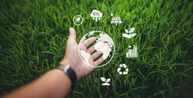 Doğal çimen arka planında el ele tutuşan dünya simgesi.