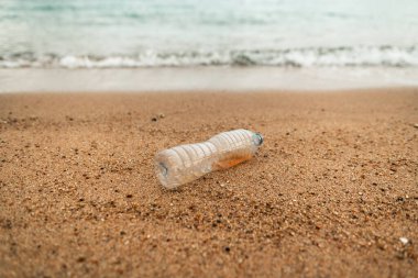 Plajda plastik şişeler, plajda çöp.