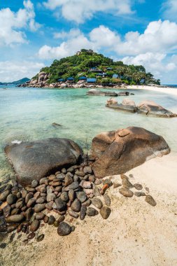 Yazın kumsalı ve açık deniz suyu olan ada, yaz turizmi, Tayland 'da Koh Nang Yuan