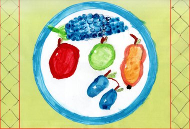 Vazoda meyve çizen çocuklar. Çizimle ilgili sanat eserleri. Çocuk tarafından çizilmiş elma armudu üzümü ve limon. Manzara iyi. Yukarıdan görünüm