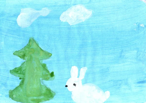 Children drawing with hare under Christmas tree in winter. Child drawing about winter. Fairy hare under the New Year tree. Children drawing of winter. Colored and bright child draw. Holiday art