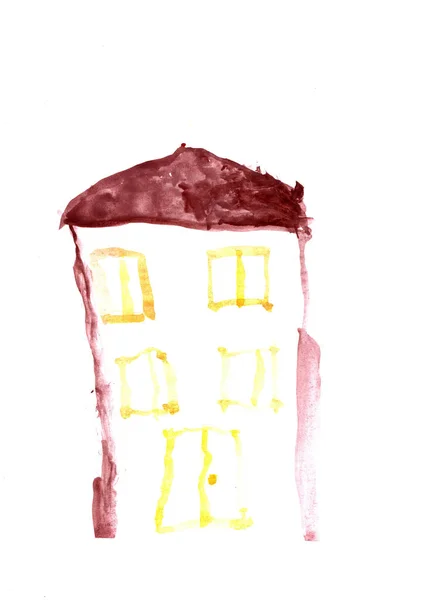 Детский Рисунок Многоэтажного Здания Акварелью Чертеж Многоэтажного Дома Детское Искусство — стоковое фото
