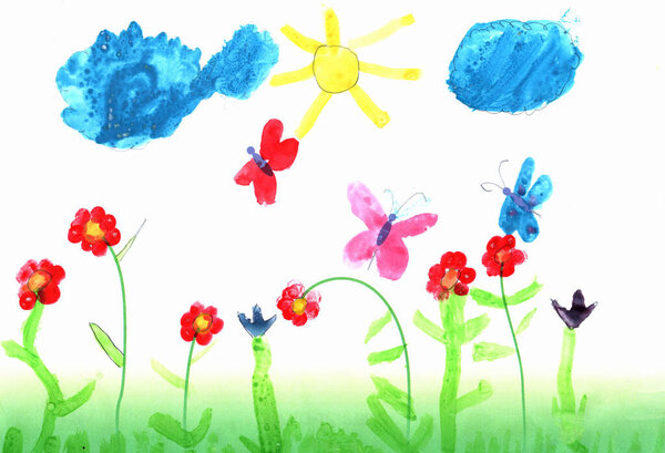 Bright summer. Childish drawing of clearing with flowers rainbow and butterflies. Childish art. Artwork drawn by pencils