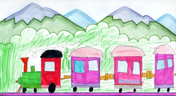 孩子们用玩具蒸汽机车在高山的背景下画画 孩子们的幻想绘画的艺术品 按儿童分列的铁路运输 — 图库照片