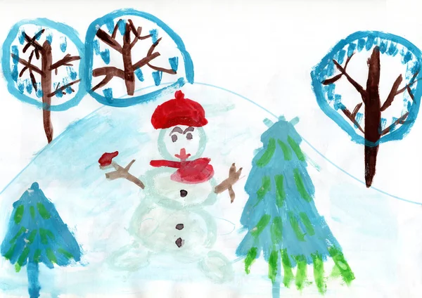 Kolorowy Rysunek Dziecięcy Bałwan Śnieżny Pagórek Rysunek Dziecka Zimowa Zabawa — Zdjęcie stockowe