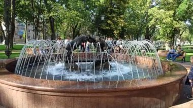 Chernihiv - Ukrayna. 28 Ağustos 2021: Şehir parkında iki keçi heykeli bulunan çeşmeler. Şehir parkındaki fıskiyeler. Güneşli yaz gününde yürüyen insanlar. Şehir parkında yaz günü. Yaşam tarzı kavramı