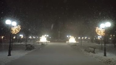 Parlak fenerlerle dolu kış parkı. Kar yağarken boş park. Boş şehir parkında kar yağışı. Geceleri şehirde fenerlerle kar yağar. Kar yağarken ara sokakta. Şehirde karlı bir kış. kış havası