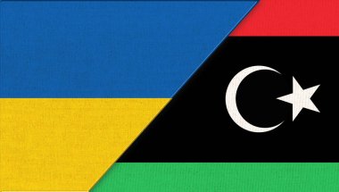 Ukrayna ve Libya bayrakları - 3 boyutlu illüstrasyon. İki Bayrak Birlikte. Ukrayna ve Libya 'nın ulusal sembolleri. Ukrayna ve Libya ilişkileri. Ukrayna ve Libya arasında toplantı. Spor yarışması