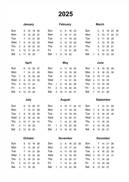 Календарь 2025 Календарь 2025 Год Воскресенье Начинается Минималистский Стиль Обычный — стоковое фото