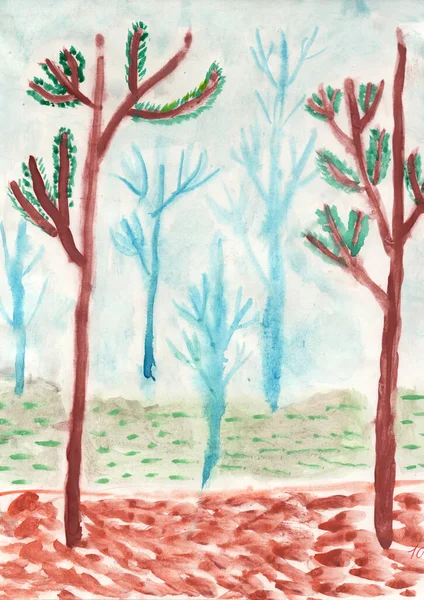 Children drawing with brown tree on blueish background. Childish drawing. Childish drawing with tree. Spring by eyes of children. Childish art