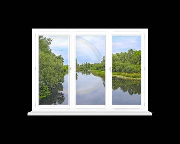 Pokoj Velkým Oknem Panoramatickým Výhledem Krásnou Řeku Krajina Letní Krajinou — Stock fotografie