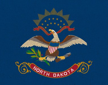 Dokulu yüzeyde Kuzey Dakota bayrağı. Birleşik Devletler bayrakları Fabric Flag North Dakota. Kuzey Dakota 'nın sembolü. Amerikan devleti. Kumaş dokusu, devlet sembolü. Amerikan Bölgesi