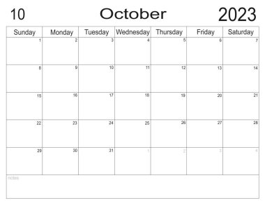 Ekim 2023 planlayıcısı. Aylık program yap. Aylık takvim. Ekim 2023 'ün organizatörü. Aylık organizatör. Takvim 2023. Pazar başlıyor. Aylık liste yapmak için. Planlayıcının boş hücreleri.