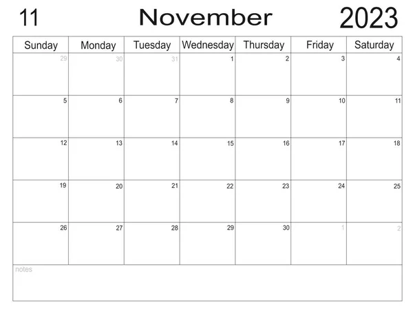2023 Novemberének Tervezője Menetrend Egy Hónapra Havi Naptár Szervező 2023 — Stock Fotó