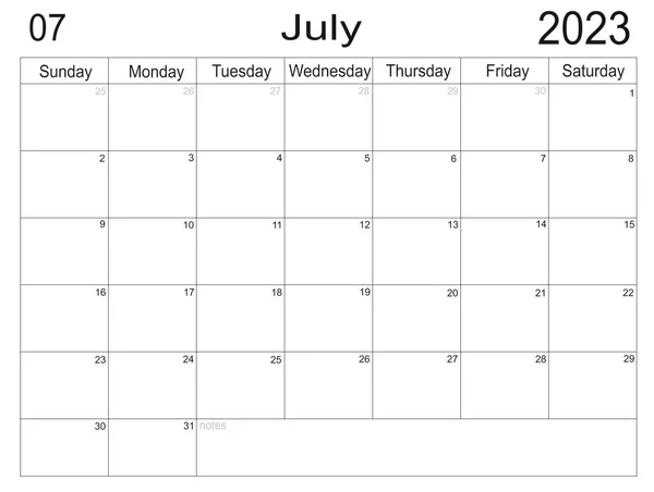 Aylık Liste Yapmak Için Planlamacının Boş Hücreleri Temmuz 2023 Planlamacısı Stok Resim