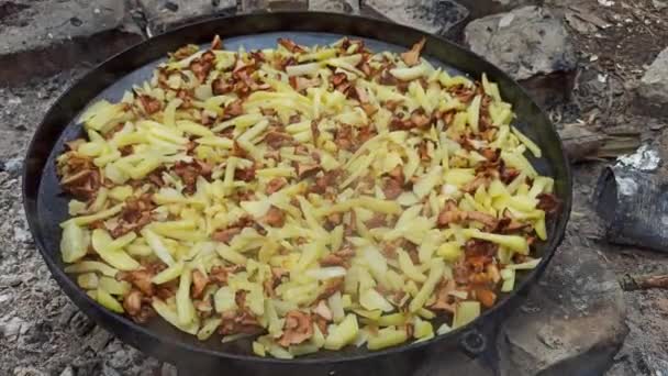 Процесс Приготовления Жареных Кантерелей Картошкой Дикое Грибное Блюдо Деревянное Блюдо — стоковое видео