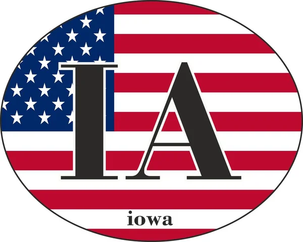 Sign of state of Iowa for sticking on glass of car on background of American flag. Sign of Iowa on USA flag. vehicle badge. Abbreviation for the state of Iowa. car sticker. Abbreviation IA