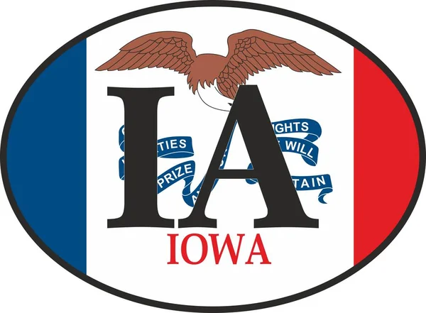 Sign of state of Iowa for sticking on glass of car on background of flag. Sign of Iowa on state flag. vehicle badge. Abbreviation for the state of Iowa. car sticker. Abbreviation IA