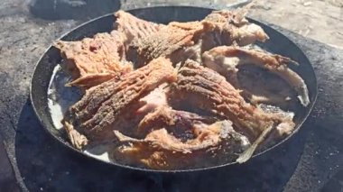 Balık kızartma tavasında kızarır. Taze balık yakalıyorum. Başarılı bir balık avı. Ateşte kızartılmış lezzetli balık yemeği. Kızarmış balığın tabağı ateşte pişiyor. İyi istirahatlar. Balık kızartma parçaları.