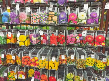 fruit flower and vegetable seeds in packets on display stand for sale. Packets of different seeds are sold in the store. Seeds are presented for sale at the stand