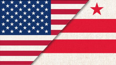 Flags of USA and Washington, D.C. Political concept. United states of America. Washington, D.C. official flag. Columbia district flag. Two flags on fabric surface. symbol of America on fabric texture