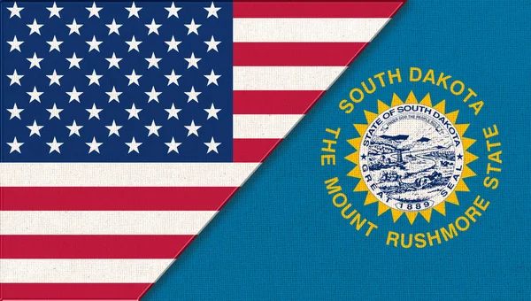 Flags of USA and South Dakota. Political concept. Flags of South Dakota and United states of America. American South Dakota flag. Two flags on fabric surface. Double flag 3d illustration