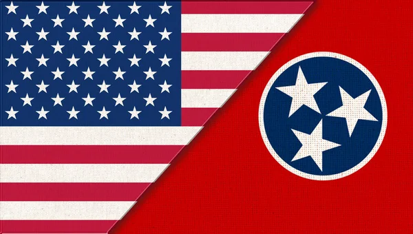 Flags of Tennessee and United states of America. Flags of USA and Tennessee. Political concept. American national flag and Tennessee. Two flags on fabric surface. Double flag 3d illustration