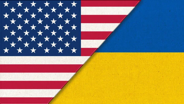 Flags of USA and Ukraine. 3D illustration. Two Flags Together Fabric Texture. National Symbols of Ukraine and United states of America. Countries. military assistance. Mutual assistance. Friendly help
