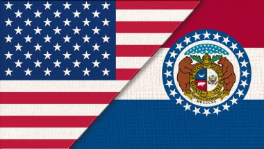 Missouri ve Amerika Birleşik Devletleri bayrakları. ABD ve Missouri bayrakları. Politik kavram. Amerikan bayrağı. ABD ve Missouri işbirliği. Çift bayrak 3d illüstrasyon