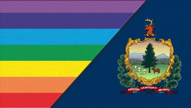 Vermont ve lgbt bayrakları. cinsel konsept. Vermont bayrakları ve kumaş yüzeyinde cinsel azınlıkların bayrağı. Kumaş yüzeyinde iki bayrak var. Çift bayrak 3D illüstrasyon. Bayrak sembolü Vermont