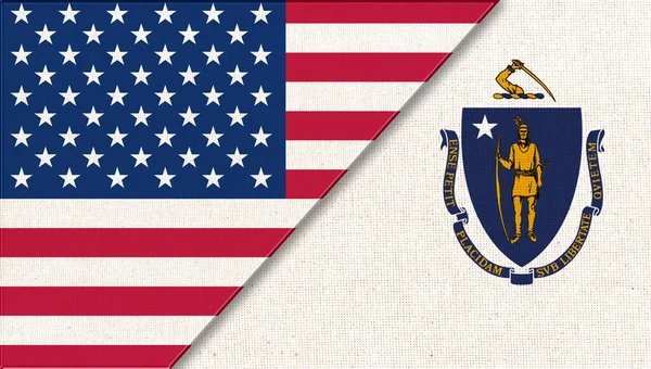 Flags of Massachusetts and United states of America. Flags of USA and Massachusetts. Political concept. American national flag. collaboration between USA and Massachusetts. Double flag 3d illustration