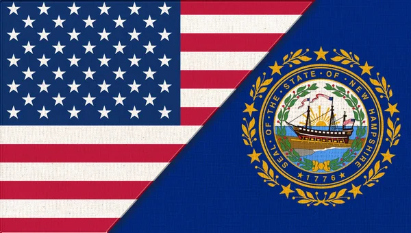 Flags of New Hampshire and United states of America. Flags of USA and New Hampshire. Political concept. American national flag. collaboration of USA and New Hampshire. Double flag 3d illustration