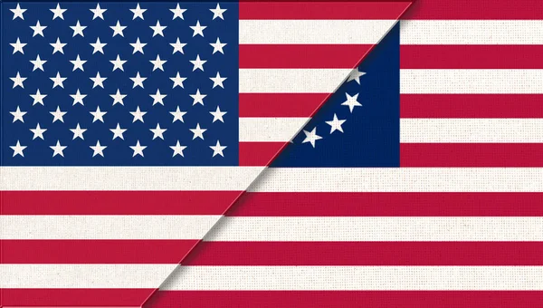 アメリカとベッツィ ロスの旗 歴史的概念 ベッツィ ロスとアメリカの国旗 アメリカ国旗とベッツィ ファブリック表面上の2つのフラグ 二重旗3Dイラスト — ストック写真
