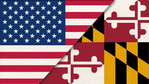 Flags of Maryland and United states of America. Flags of USA and Maryland. Political concept. American national flag. collaboration of USA and Maryland. Double flag 3d illustration