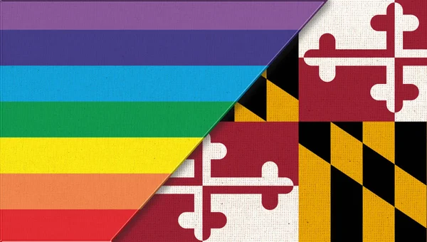 Flags of Maryland and lgbt. sexual concept. Double flag 3d illustration. Flag symbol Maryland. Flags of Maryland and flag of sexual minorities. Two flags on surface. Symbol of sexual minorities