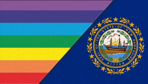 Flags of New Hampshire and lgbt. sexual concept. Double flag 3d illustration. Flag symbol New Hampshire. Flags of New Hampshire and sexual minorities. Two flags on surface. Symbol of sexual minorities