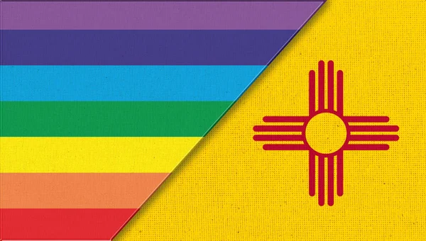 Flags of New Mexico and lgbt. sexual concept. Double flag 3d illustration. Flag symbol New Mexico. Flags of New York and sexual minorities. Two flags on surface. Symbol of sexual minorities